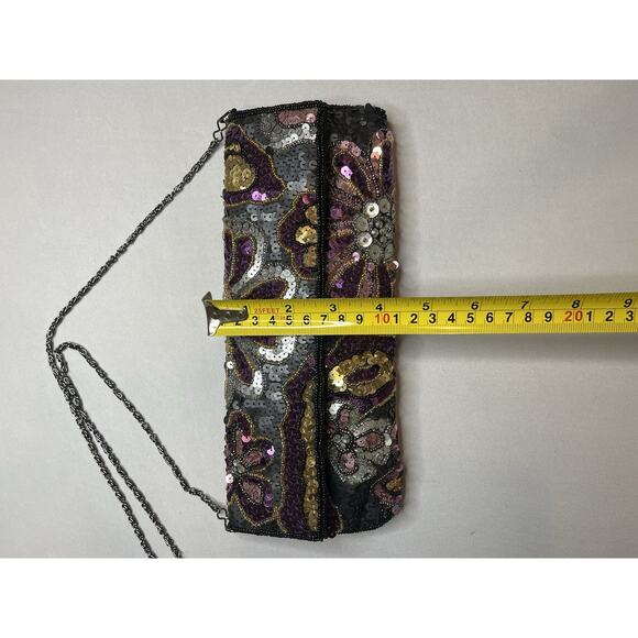 Jessica McClintock Vintage Sequin Clutch Black Satin Sequin Flowers Evening Bag - Picture 4 of 8